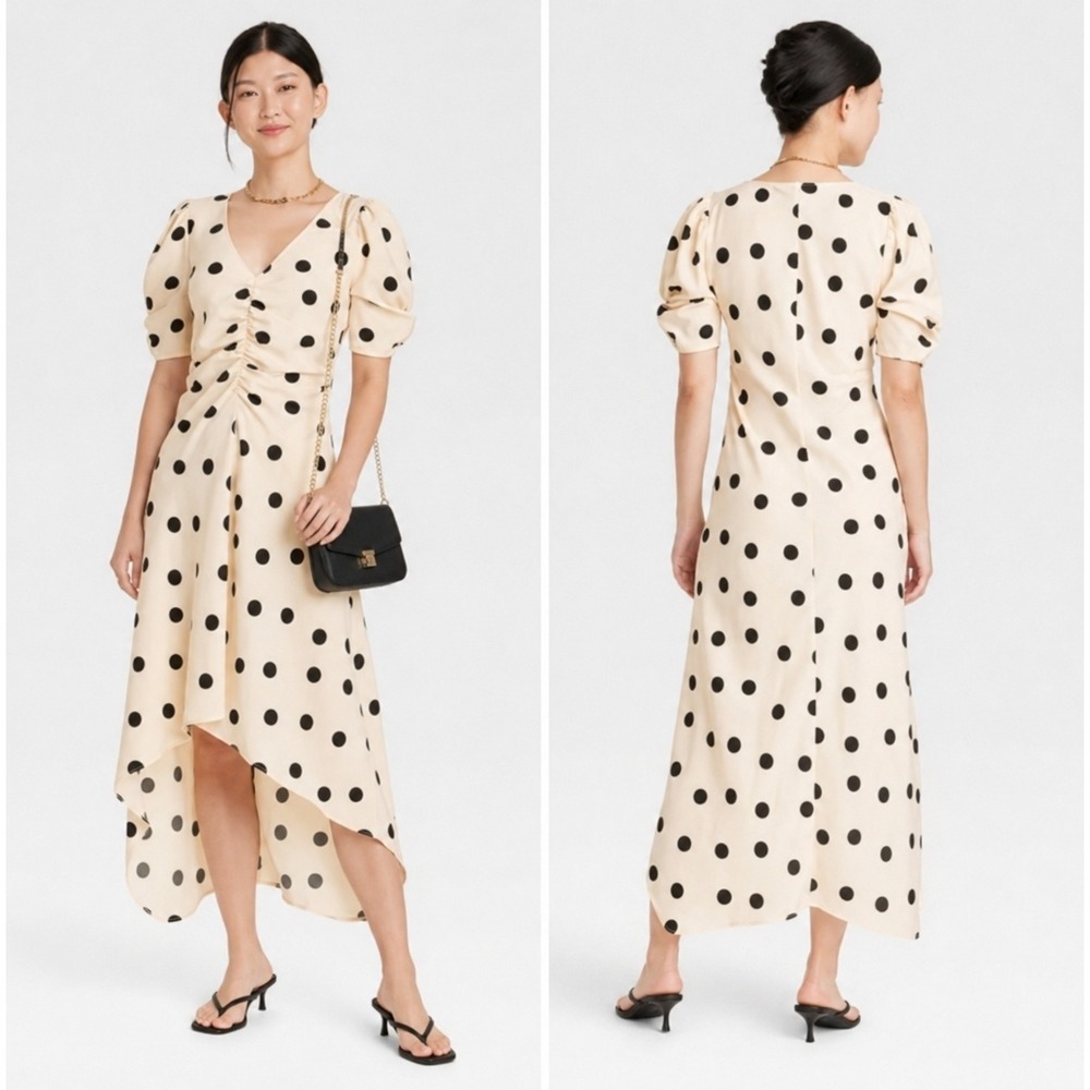 A New Day Polka Dot Puff Sleeve Midi Dress Recycled Polyester Size Small‎